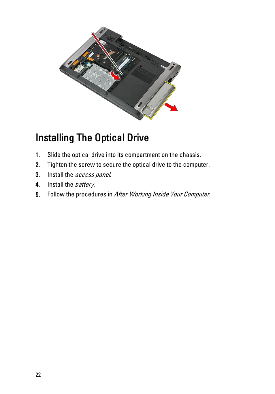 Installing the optical drive | Dell Vostro 3350 (Early 2011) User Manual | Page 22 / 113