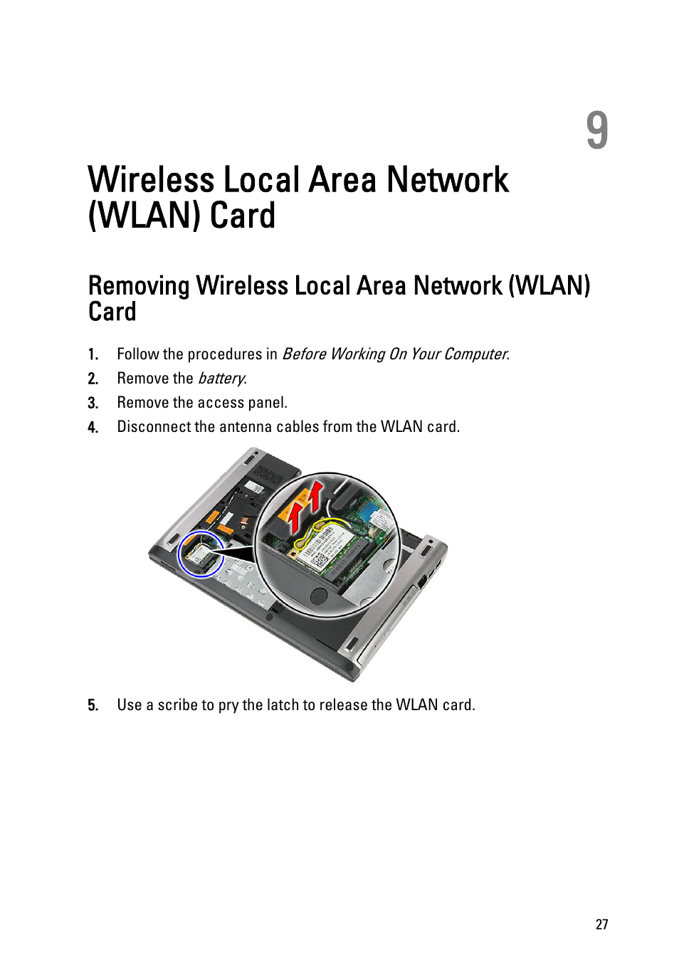 Wireless local area network (wlan) card, Removing wireless local area network (wlan) card, 9 wireless local area network (wlan) card | Dell Vostro 3350 (Early 2011) User Manual | Page 27 / 113