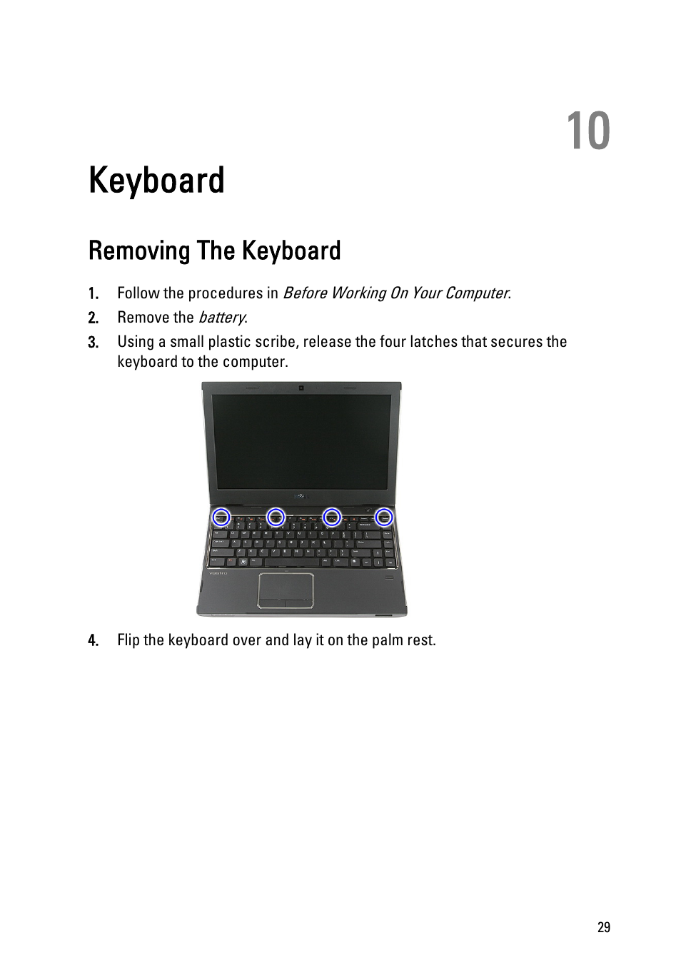 Keyboard, Removing the keyboard, 10 keyboard | Dell Vostro 3350 (Early 2011) User Manual | Page 29 / 113