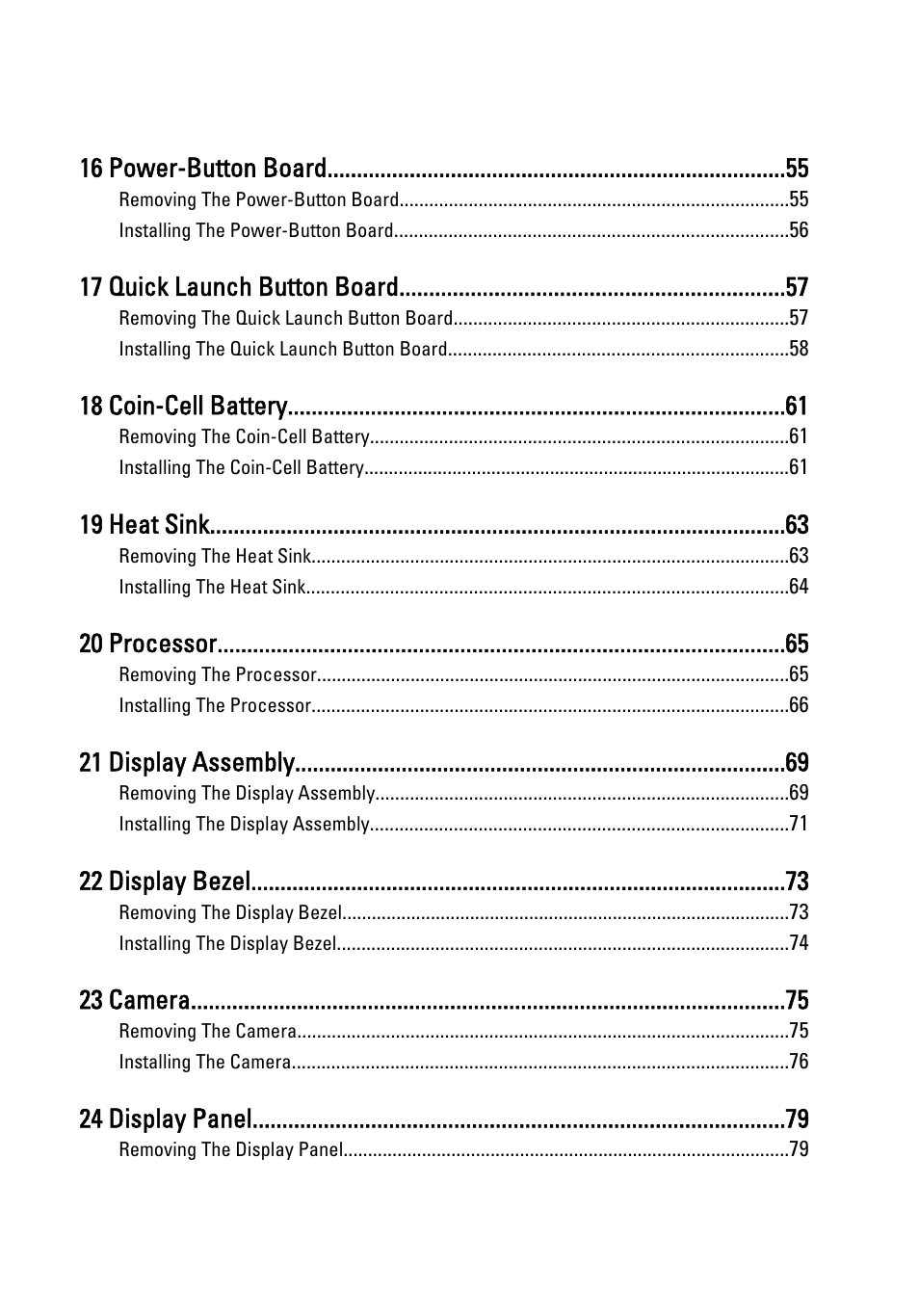 16 power-button board, 17 quick launch button board, 18 coin-cell battery | 19 heat sink, 20 processor, 21 display assembly, 22 display bezel, 23 camera, 24 display panel | Dell Vostro 3350 (Early 2011) User Manual | Page 5 / 113