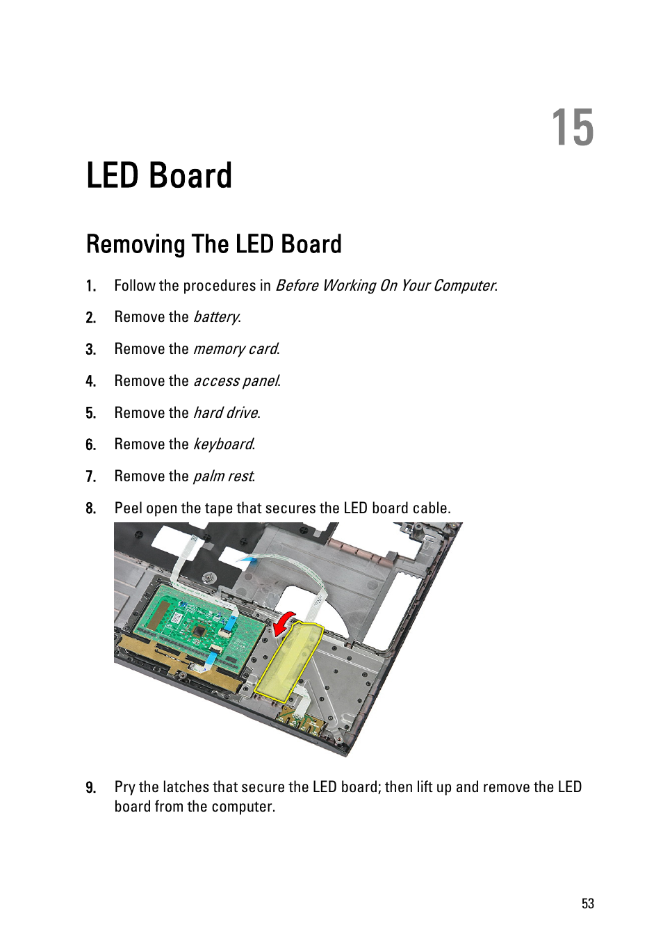 Led board, Removing the led board, 15 led board | Dell Vostro 3350 (Early 2011) User Manual | Page 53 / 113