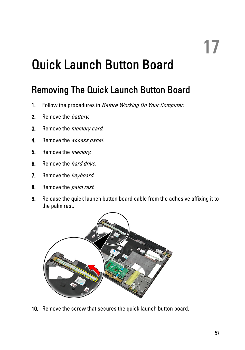 Quick launch button board, Removing the quick launch button board, 17 quick launch button board | Dell Vostro 3350 (Early 2011) User Manual | Page 57 / 113