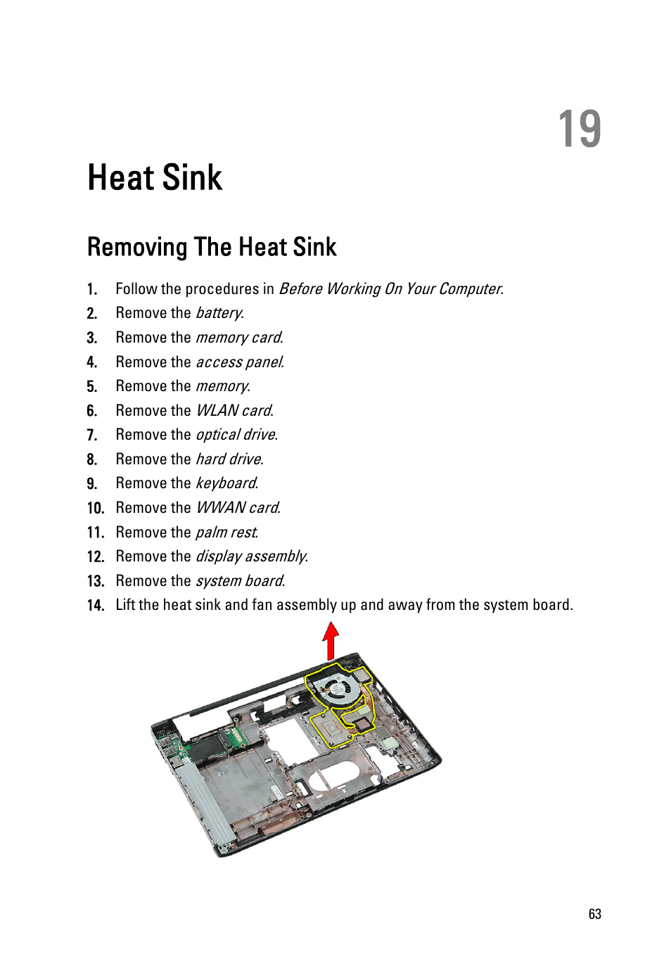 Heat sink, Removing the heat sink, 19 heat sink | Dell Vostro 3350 (Early 2011) User Manual | Page 63 / 113