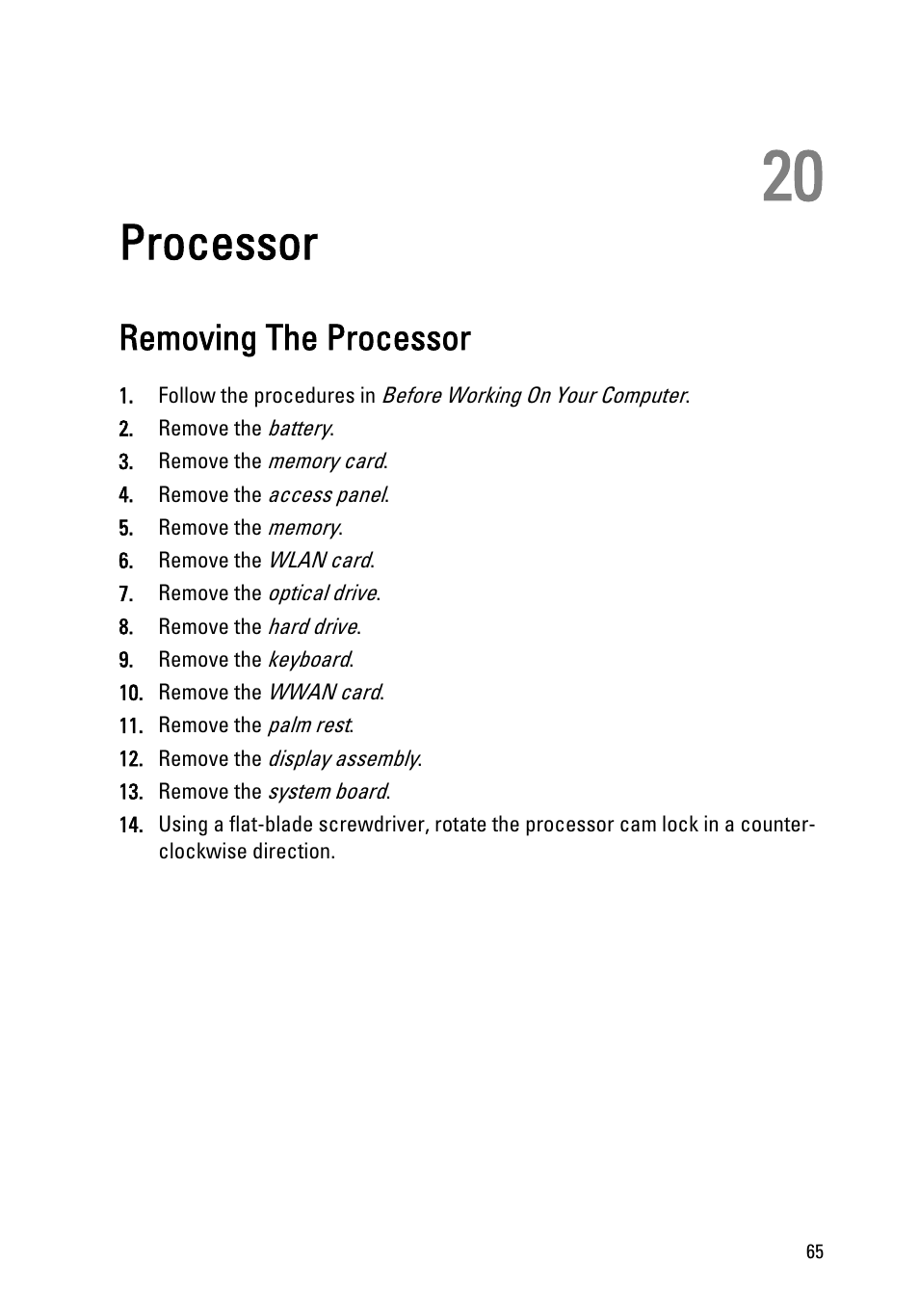 Processor, Removing the processor, 20 processor | Dell Vostro 3350 (Early 2011) User Manual | Page 65 / 113