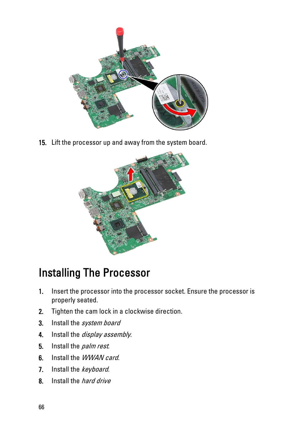 Installing the processor | Dell Vostro 3350 (Early 2011) User Manual | Page 66 / 113