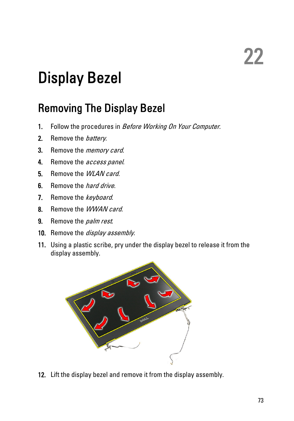 Display bezel, Removing the display bezel, 22 display bezel | Dell Vostro 3350 (Early 2011) User Manual | Page 73 / 113