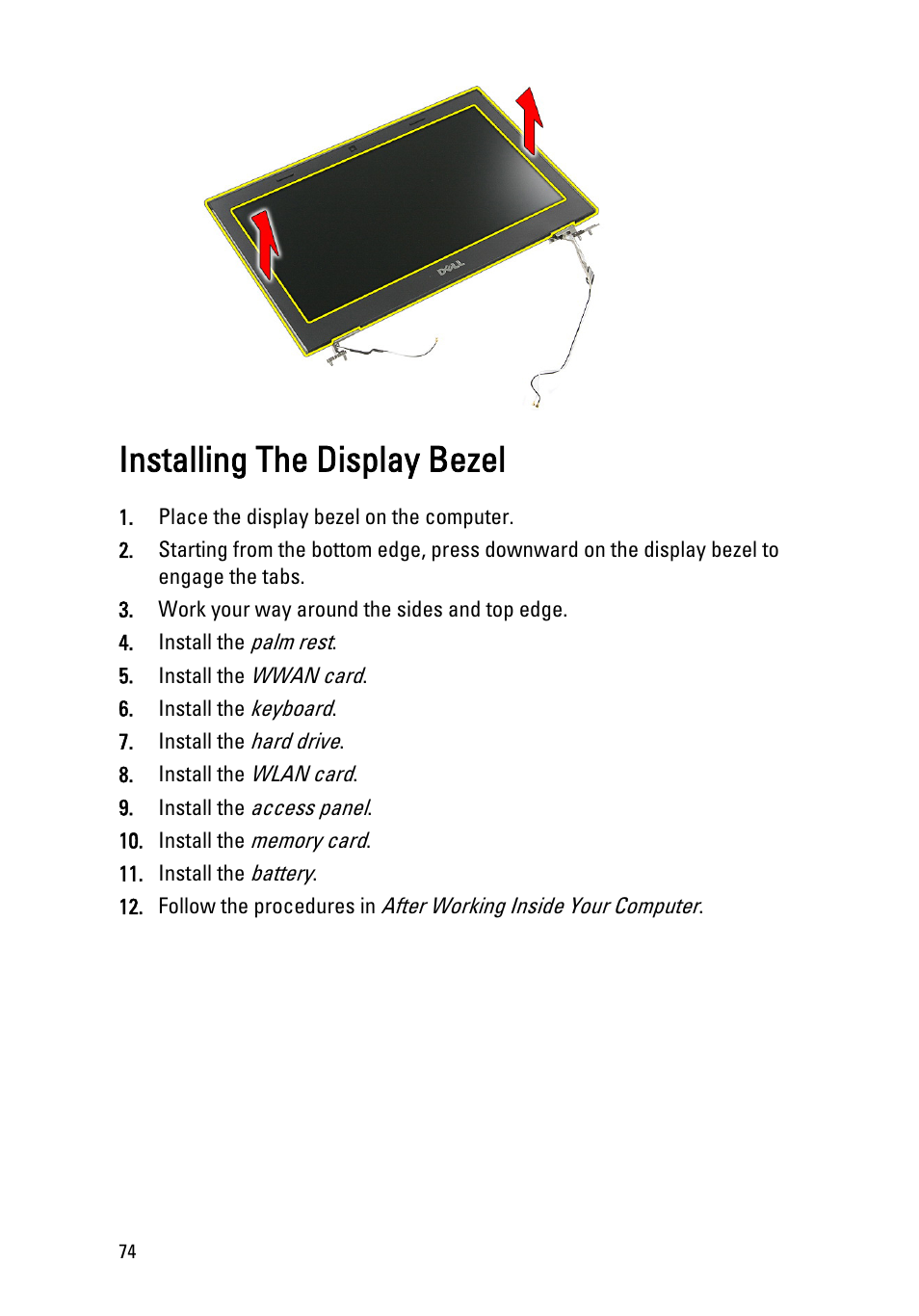 Installing the display bezel | Dell Vostro 3350 (Early 2011) User Manual | Page 74 / 113
