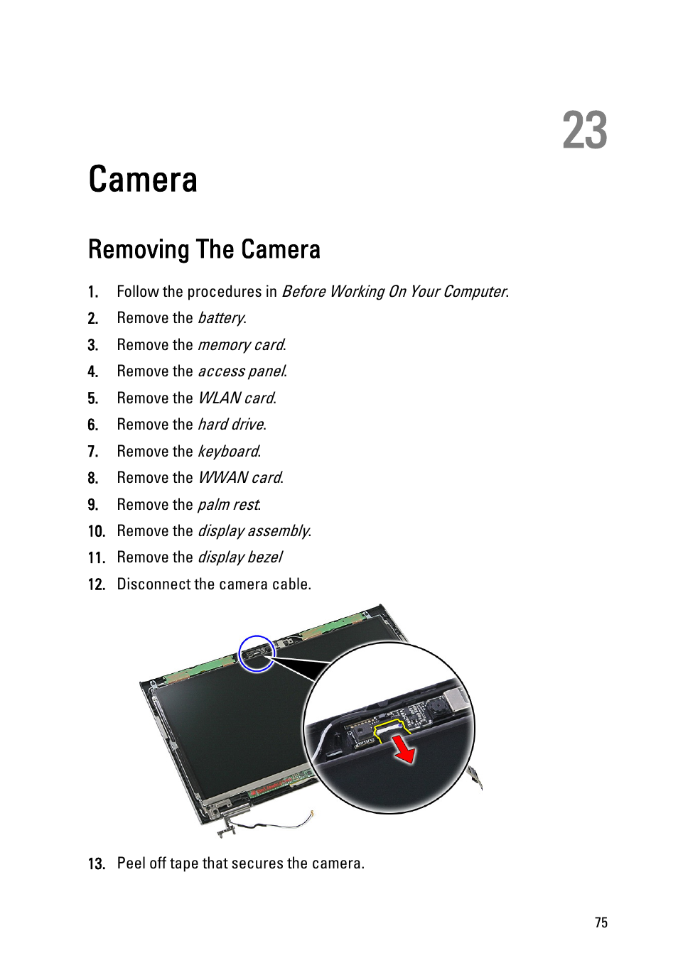 Camera, Removing the camera, 23 camera | Dell Vostro 3350 (Early 2011) User Manual | Page 75 / 113