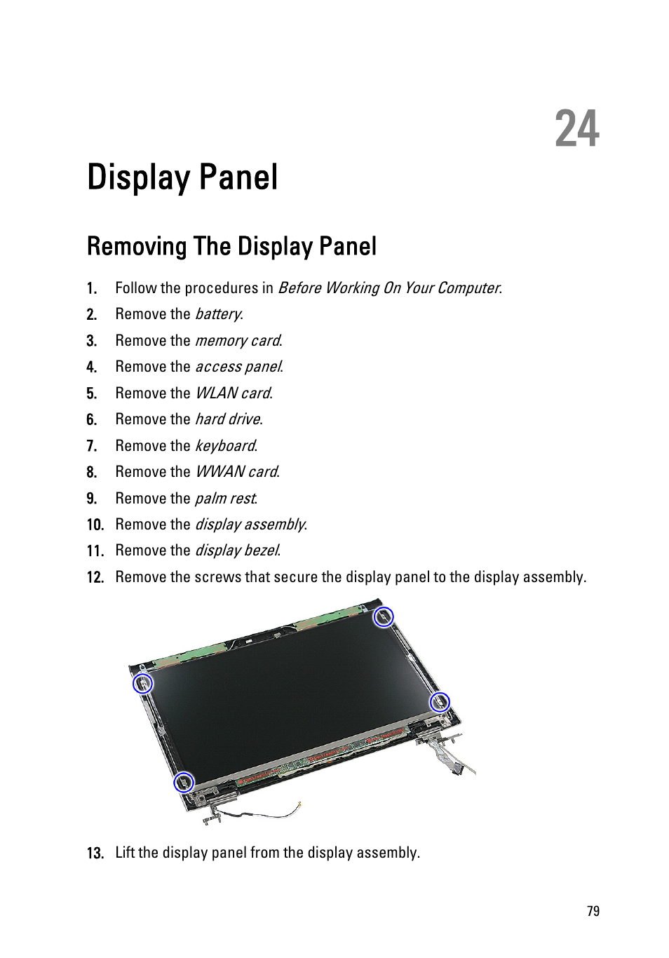 Display panel, Removing the display panel, 24 display panel | Dell Vostro 3350 (Early 2011) User Manual | Page 79 / 113