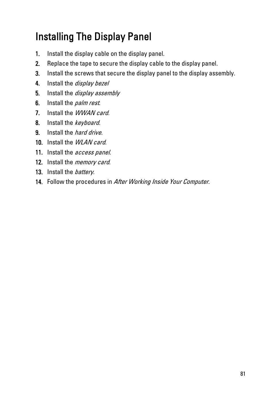 Installing the display panel | Dell Vostro 3350 (Early 2011) User Manual | Page 81 / 113