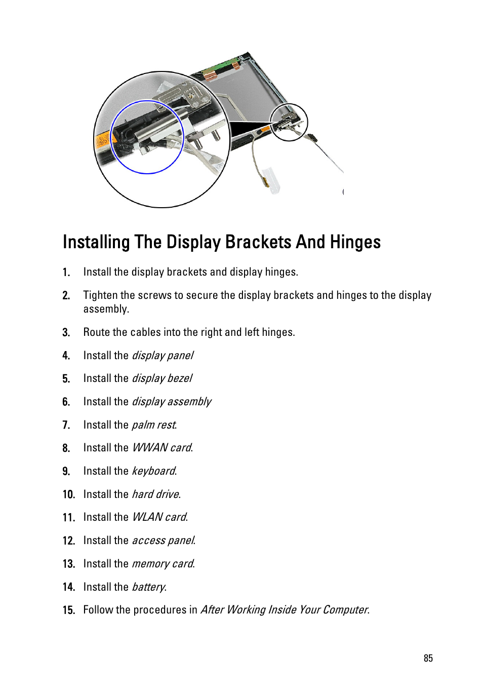 Installing the display brackets and hinges | Dell Vostro 3350 (Early 2011) User Manual | Page 85 / 113