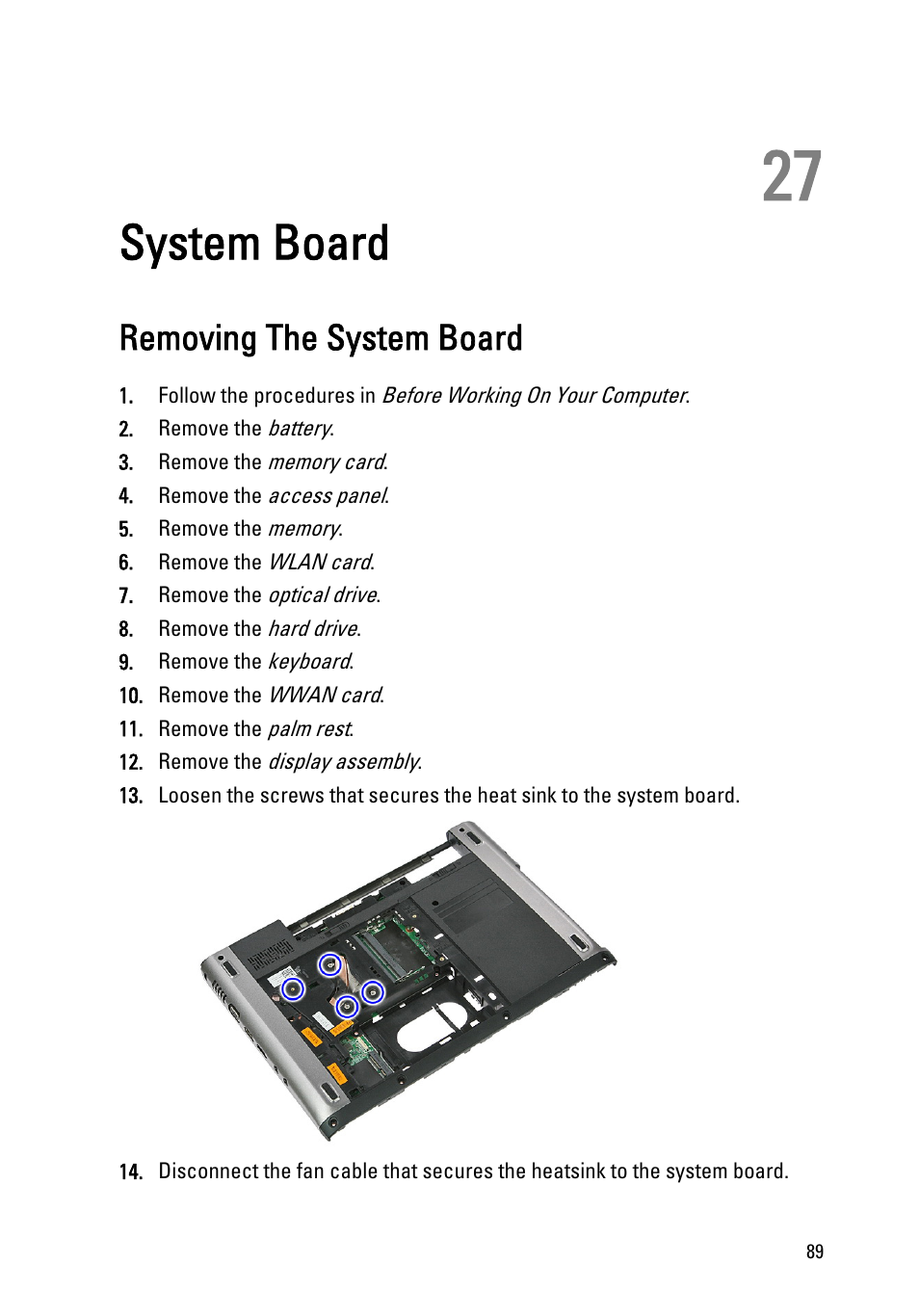 System board, Removing the system board, 27 system board | Remove the | Dell Vostro 3350 (Early 2011) User Manual | Page 89 / 113