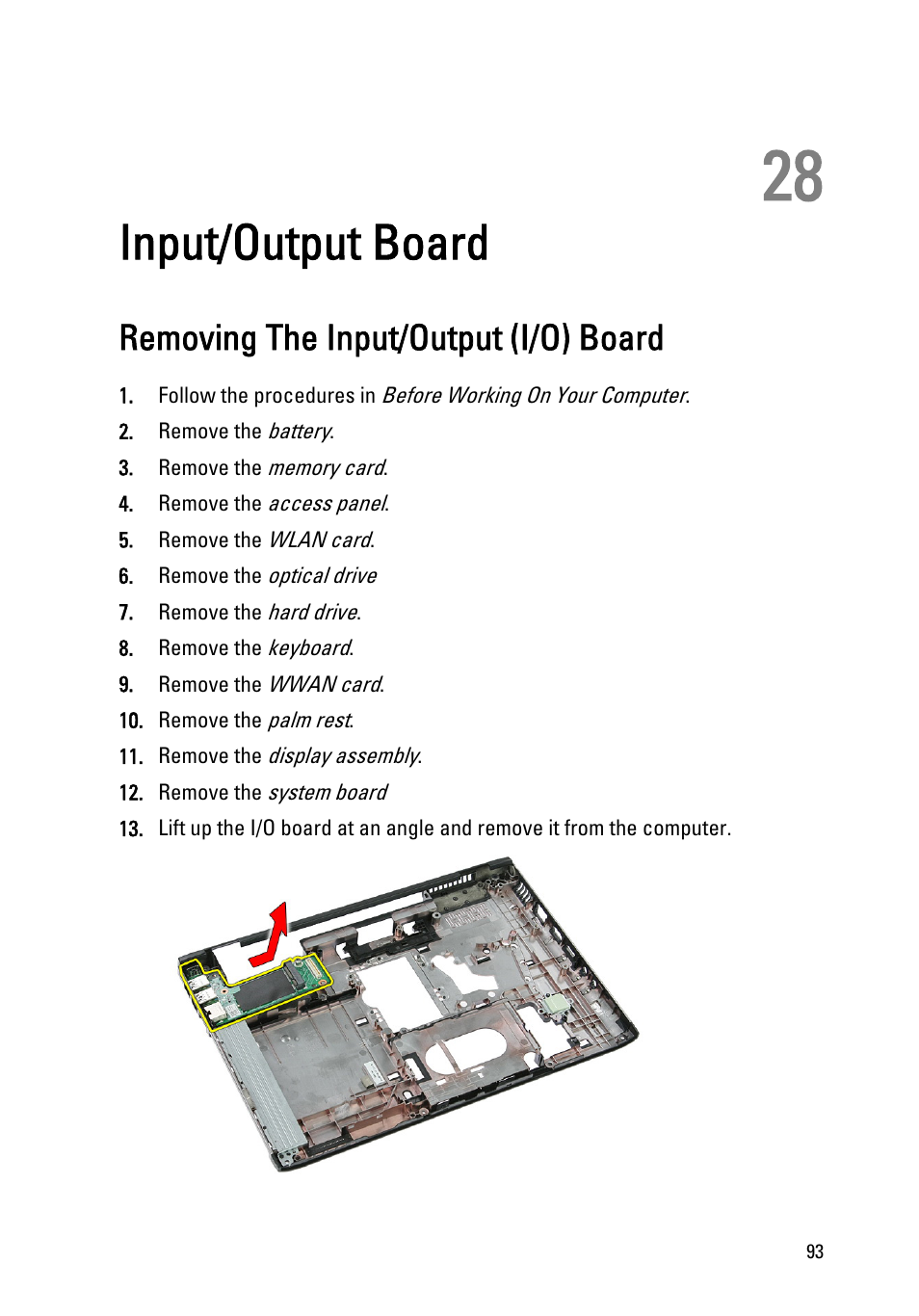 Input/output board, Removing the input/output (i/o) board, 28 input/output board | Dell Vostro 3350 (Early 2011) User Manual | Page 93 / 113