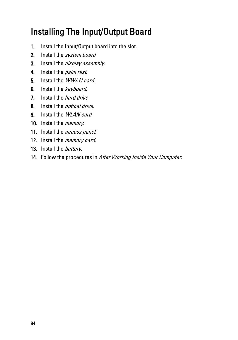 Installing the input/output board | Dell Vostro 3350 (Early 2011) User Manual | Page 94 / 113