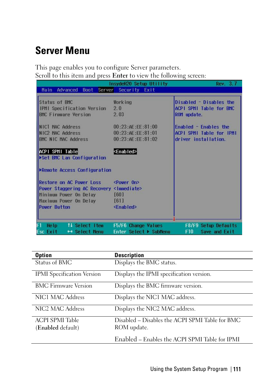 Server menu | Dell PowerEdge C6220 II User Manual | Page 111 / 349