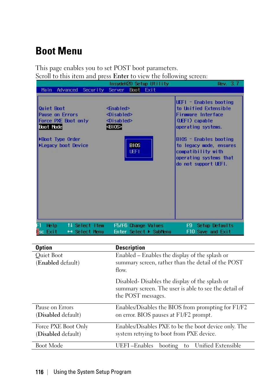 Boot menu | Dell PowerEdge C6220 II User Manual | Page 116 / 349