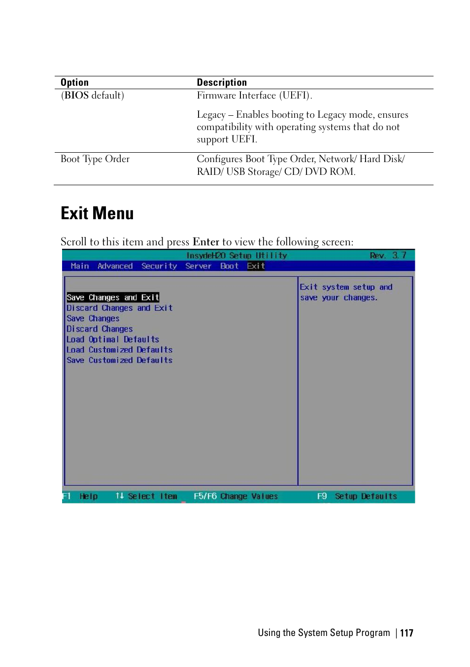 Exit menu | Dell PowerEdge C6220 II User Manual | Page 117 / 349