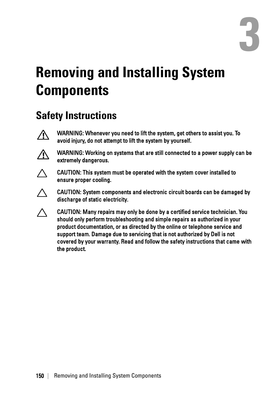 Removing and installing system components, Safety instructions | Dell PowerEdge C6220 II User Manual | Page 150 / 349