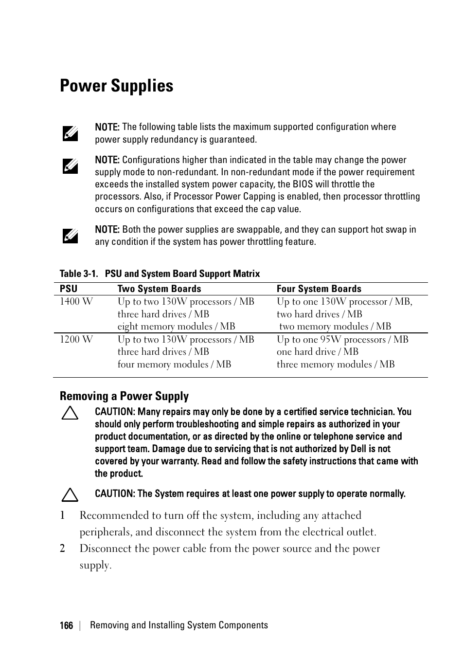Power supplies, Removing a power supply | Dell PowerEdge C6220 II User Manual | Page 166 / 349