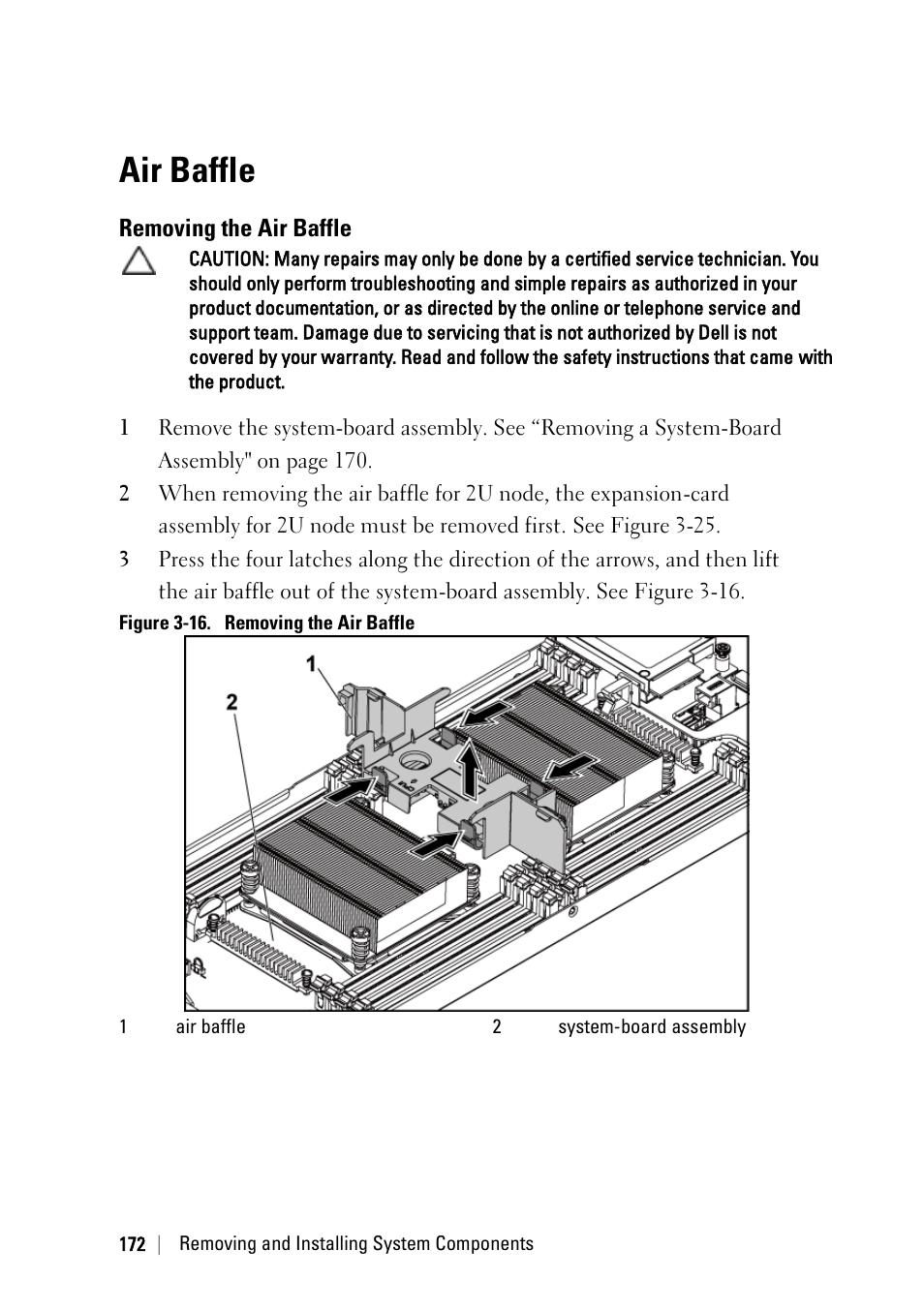 Air baffle, Removing the air baffle | Dell PowerEdge C6220 II User Manual | Page 172 / 349