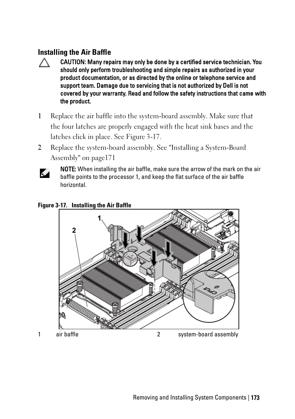 Installing the air baffle | Dell PowerEdge C6220 II User Manual | Page 173 / 349