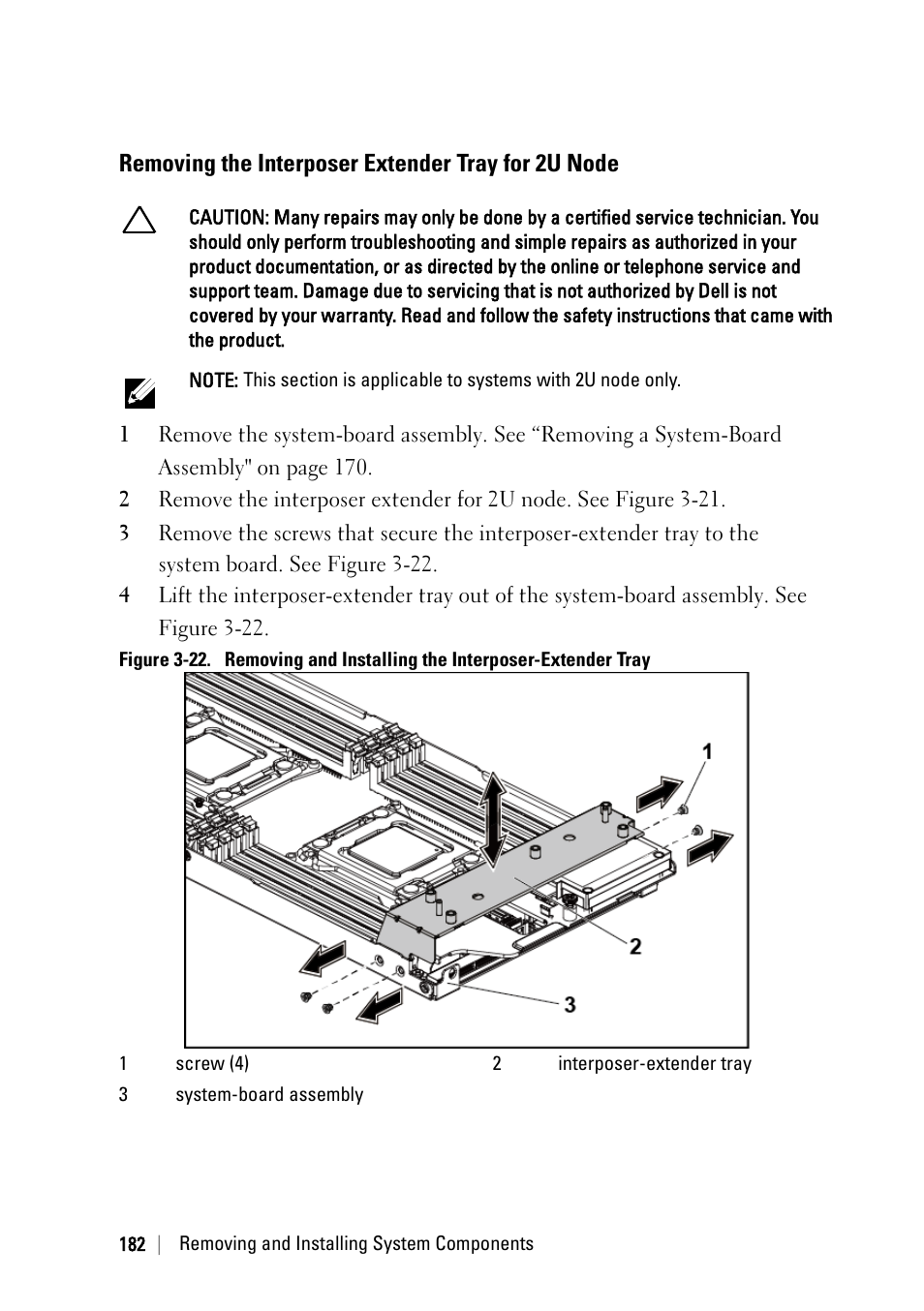 Removing the interposer extender tray for 2u node | Dell PowerEdge C6220 II User Manual | Page 182 / 349