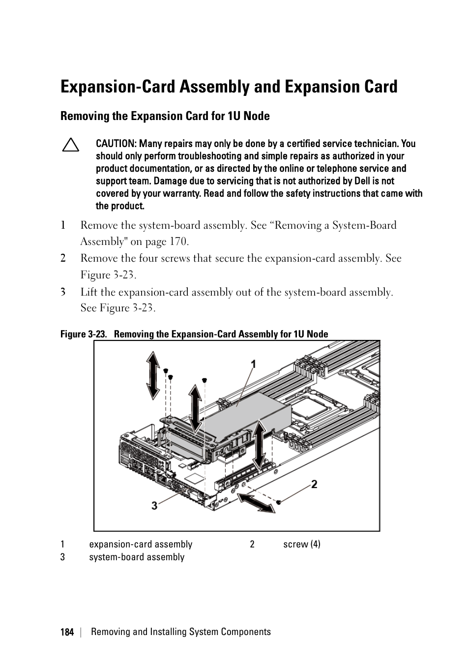 Expansion-card assembly and expansion card, Removing the expansion card for 1u node | Dell PowerEdge C6220 II User Manual | Page 184 / 349