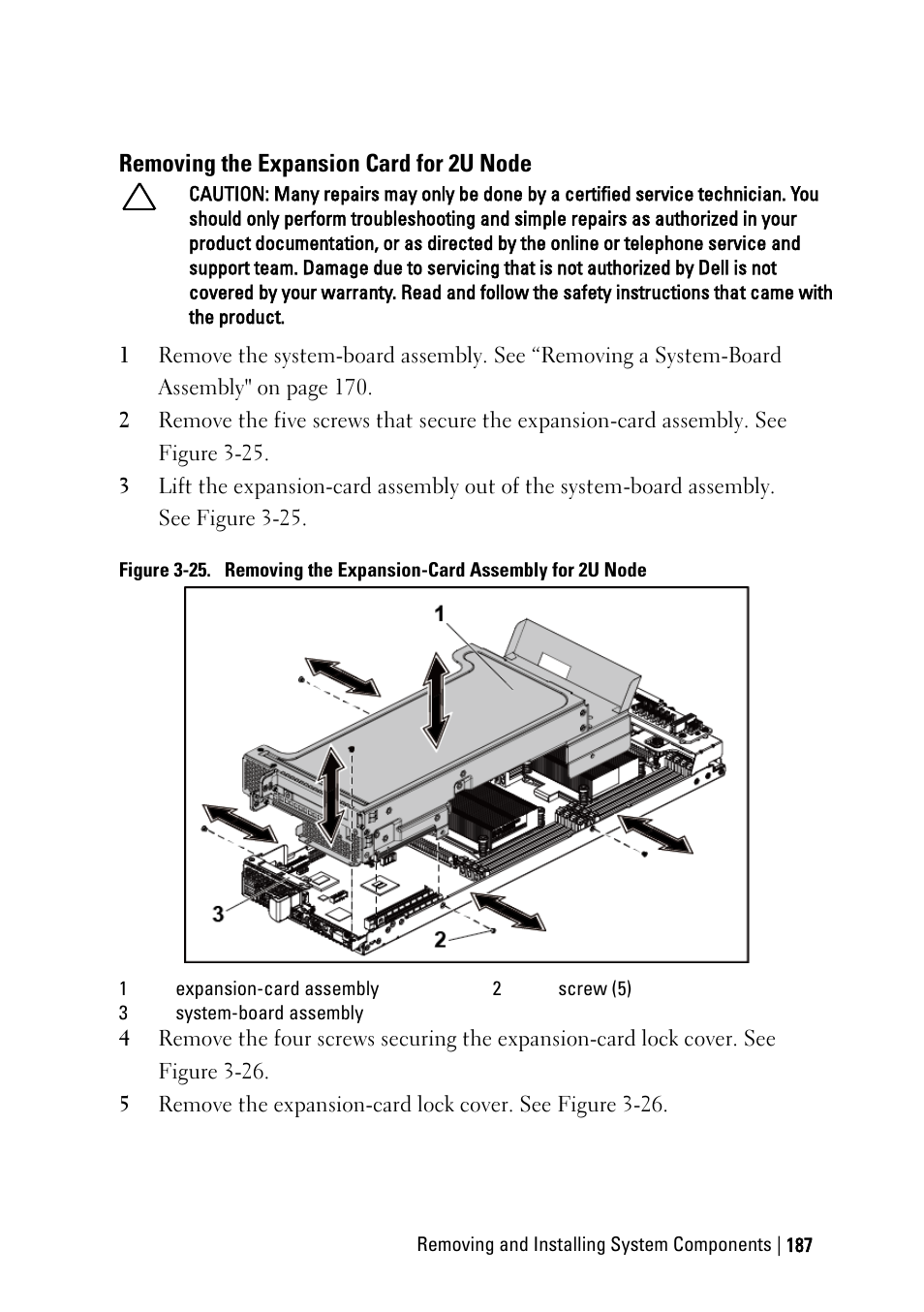 Removing the expansion card for 2u node, Ee figure 3-25 | Dell PowerEdge C6220 II User Manual | Page 187 / 349