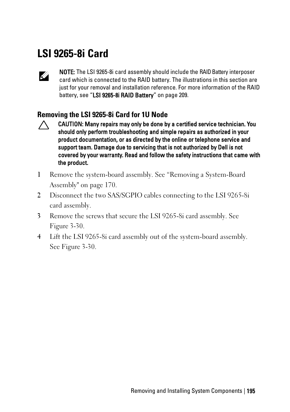 Lsi 9265-8i card, Removing the lsi 9265-8i card for 1u node, 8i card | 9265-8i card | Dell PowerEdge C6220 II User Manual | Page 195 / 349