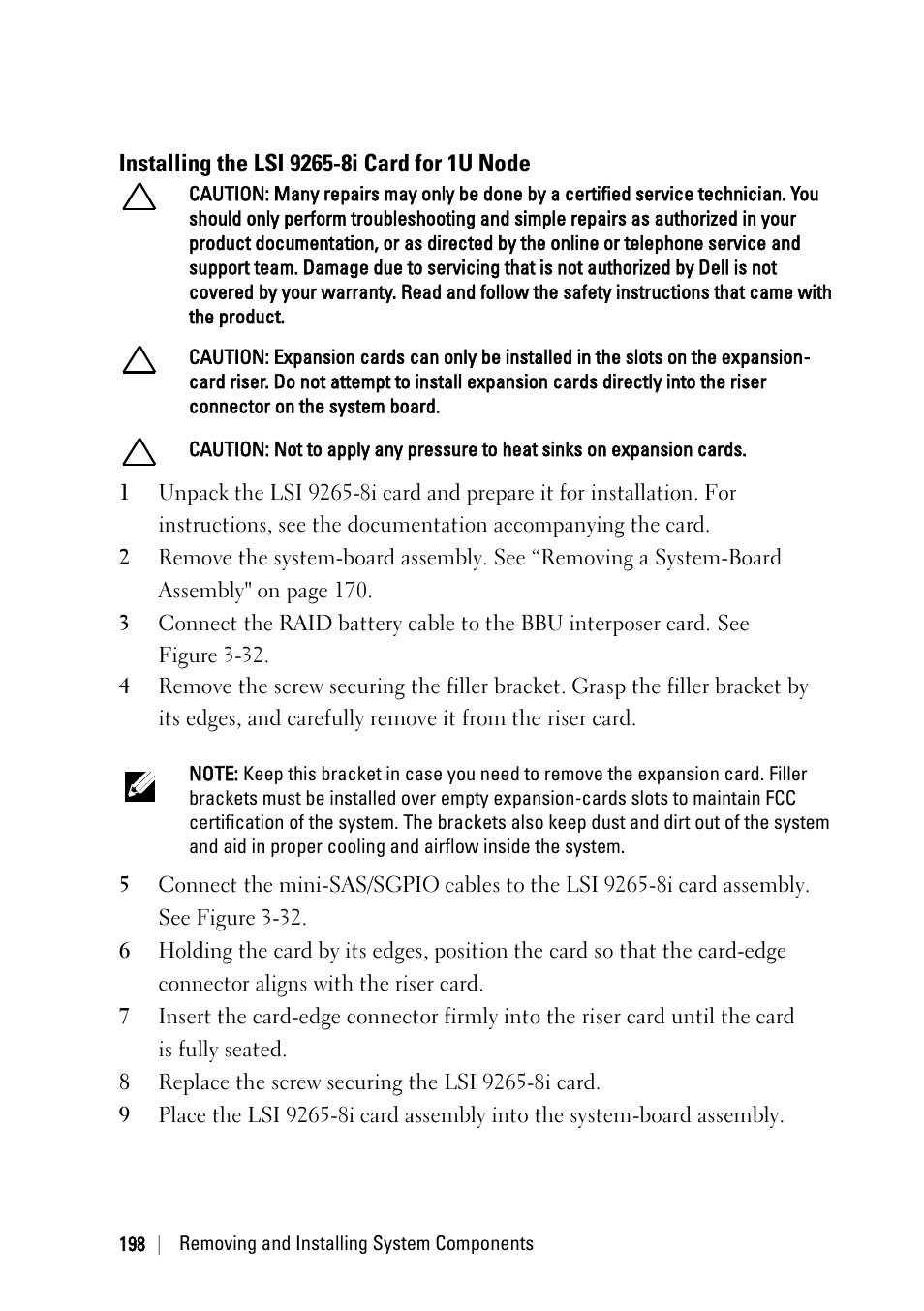 Installing the lsi 9265-8i card for 1u node | Dell PowerEdge C6220 II User Manual | Page 198 / 349