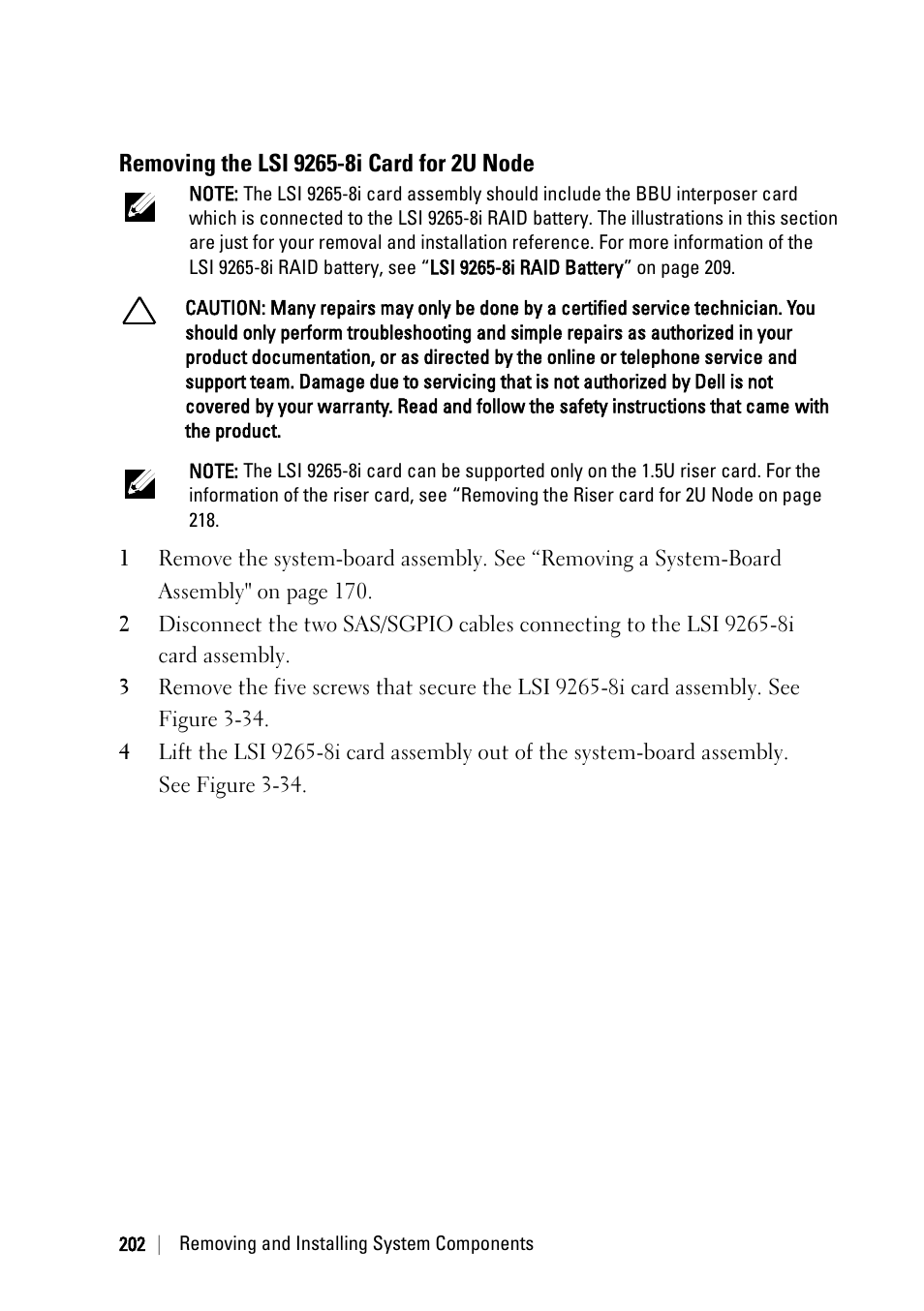 Removing the lsi 9265-8i card for 2u node | Dell PowerEdge C6220 II User Manual | Page 202 / 349