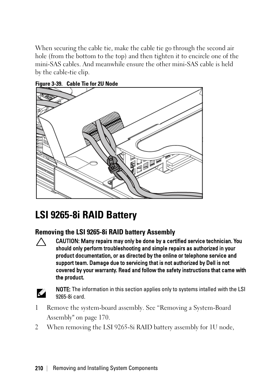 Lsi 9265-8i raid battery, Removing the lsi 9265-8i raid battery assembly, Lsi 9265 | 8i raid, Battery, 9265-8i raid | Dell PowerEdge C6220 II User Manual | Page 210 / 349