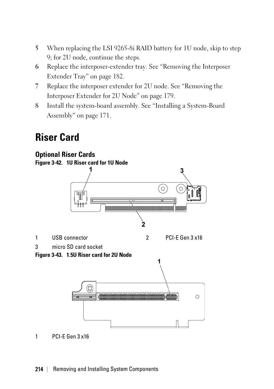 Riser card, Optional riser cards, E figure 3-42 | Dell PowerEdge C6220 II User Manual | Page 214 / 349