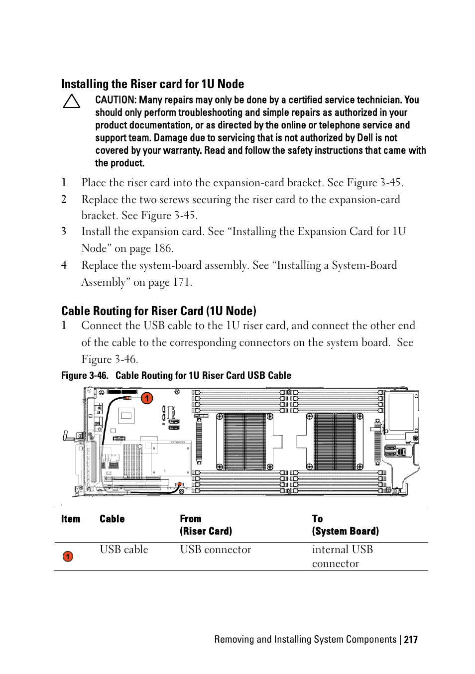Installing the riser card for 1u node, Cable routing for riser card (1u node) | Dell PowerEdge C6220 II User Manual | Page 217 / 349