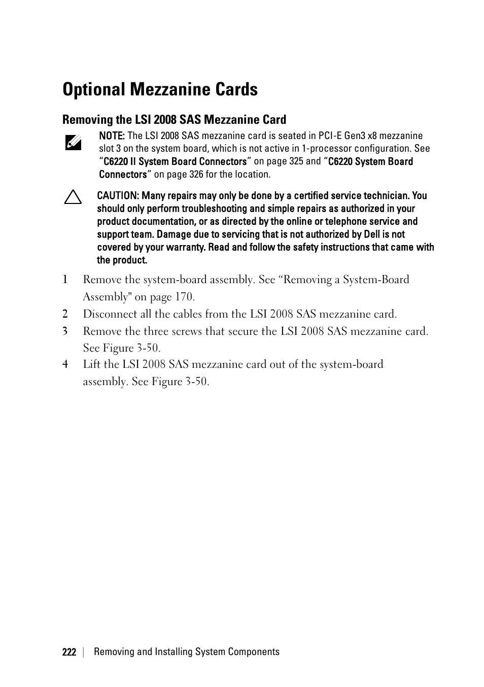 Optional mezzanine cards, Removing the lsi 2008 sas mezzanine card | Dell PowerEdge C6220 II User Manual | Page 222 / 349