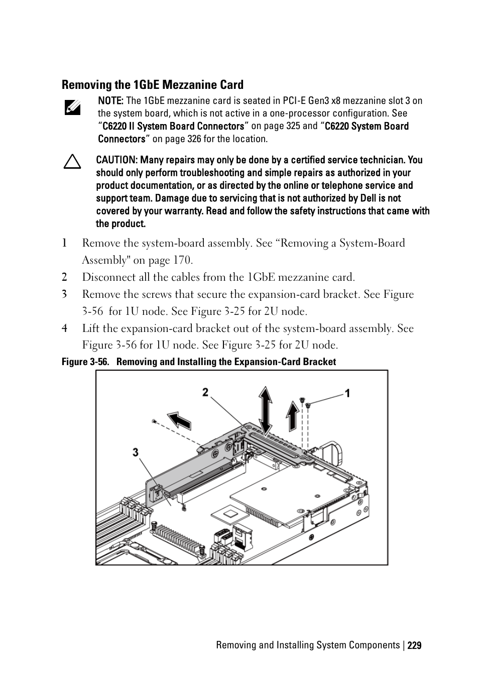 Removing the 1gbe mezzanine card | Dell PowerEdge C6220 II User Manual | Page 229 / 349