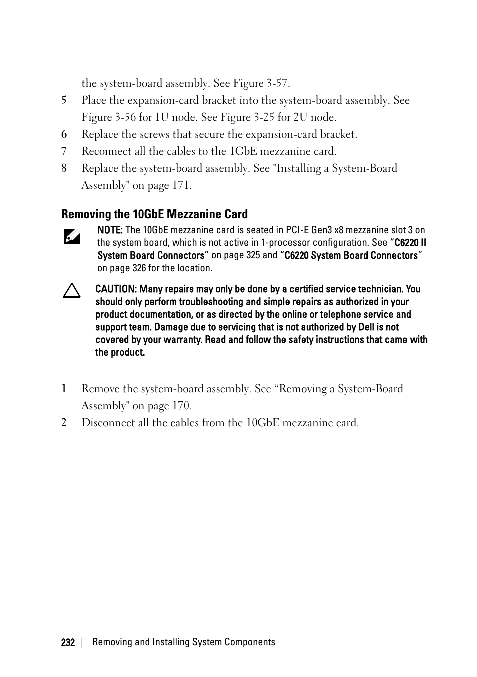 Removing the 10gbe mezzanine card | Dell PowerEdge C6220 II User Manual | Page 232 / 349