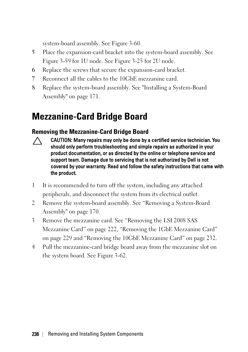 Mezzanine-card bridge board, Removing the mezzanine-card bridge board | Dell PowerEdge C6220 II User Manual | Page 236 / 349