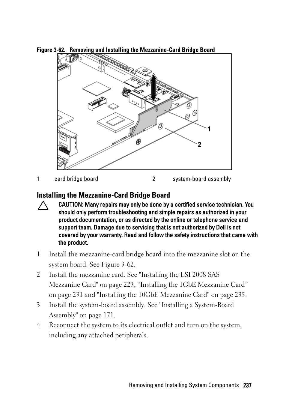 Installing the mezzanine-card bridge board, Ee figure 3-62 | Dell PowerEdge C6220 II User Manual | Page 237 / 349