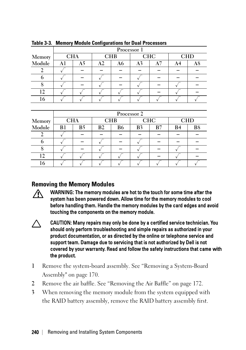 Removing the memory modules, Nd table 3-3 | Dell PowerEdge C6220 II User Manual | Page 240 / 349