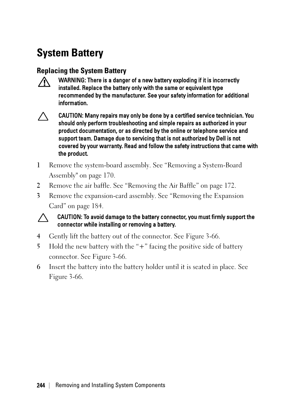 System battery, Replacing the system battery | Dell PowerEdge C6220 II User Manual | Page 244 / 349