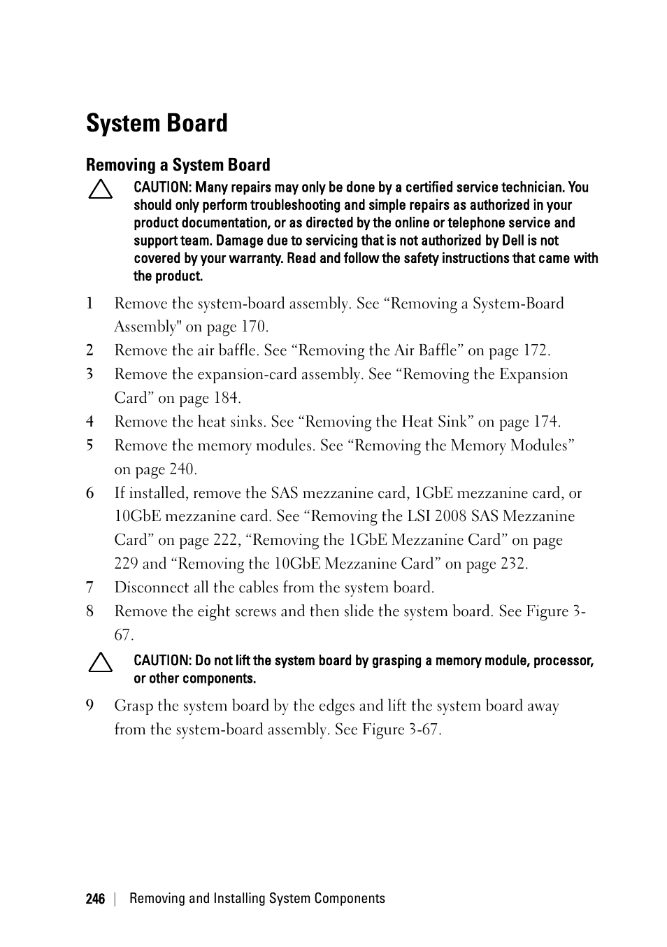 System board, Removing a system board | Dell PowerEdge C6220 II User Manual | Page 246 / 349