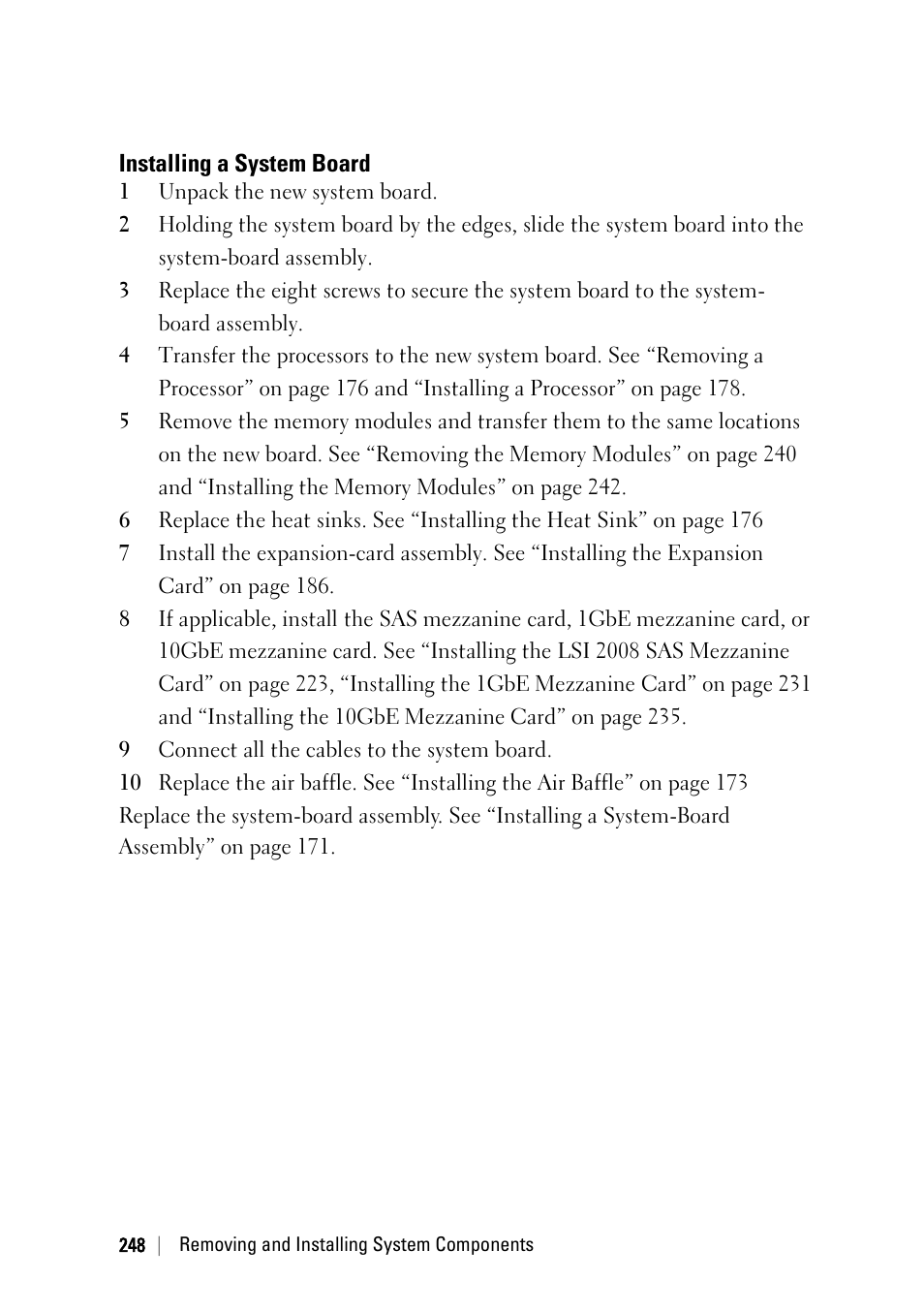 Installing a system board | Dell PowerEdge C6220 II User Manual | Page 248 / 349