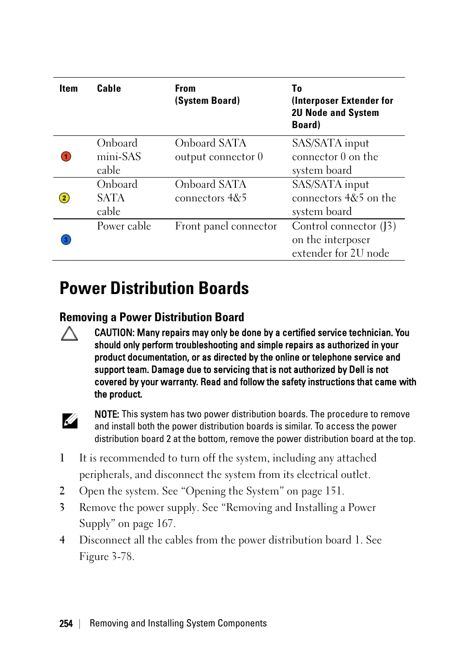 Power distribution boards, Removing a power distribution board | Dell PowerEdge C6220 II User Manual | Page 254 / 349