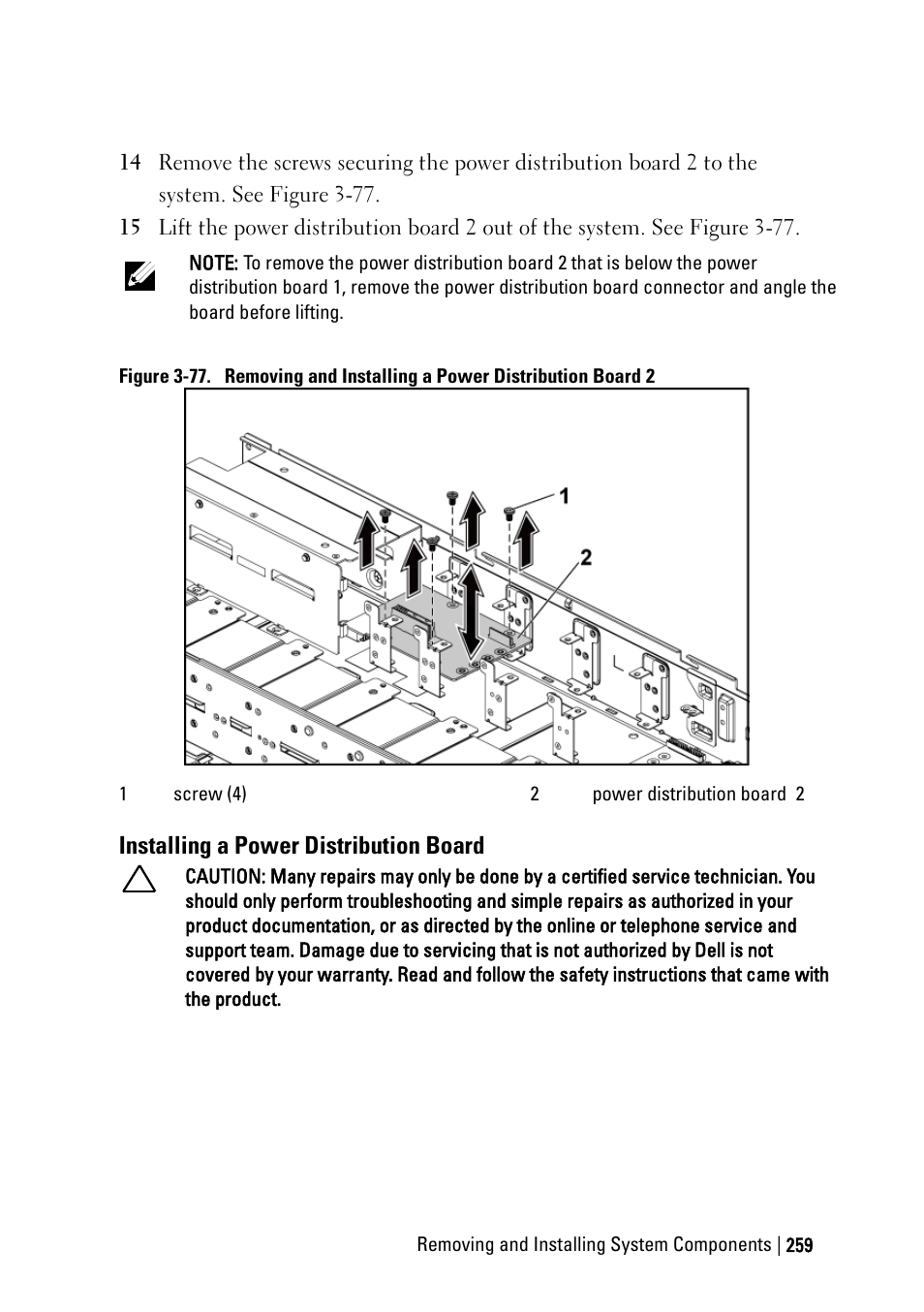 Installing a power distribution board | Dell PowerEdge C6220 II User Manual | Page 259 / 349