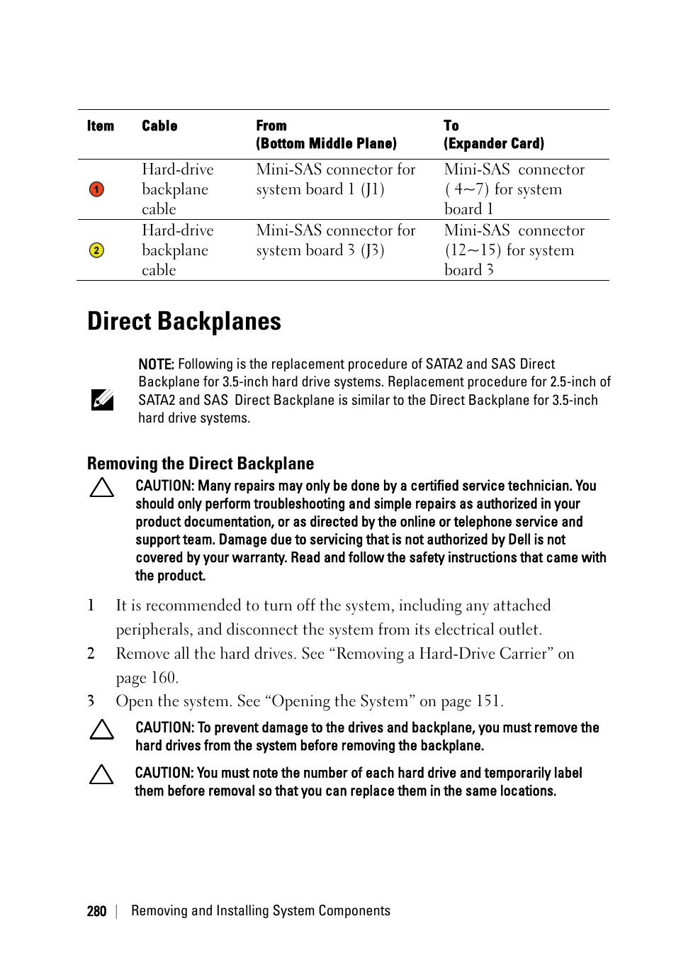 Direct backplanes, Removing the direct backplane | Dell PowerEdge C6220 II User Manual | Page 280 / 349