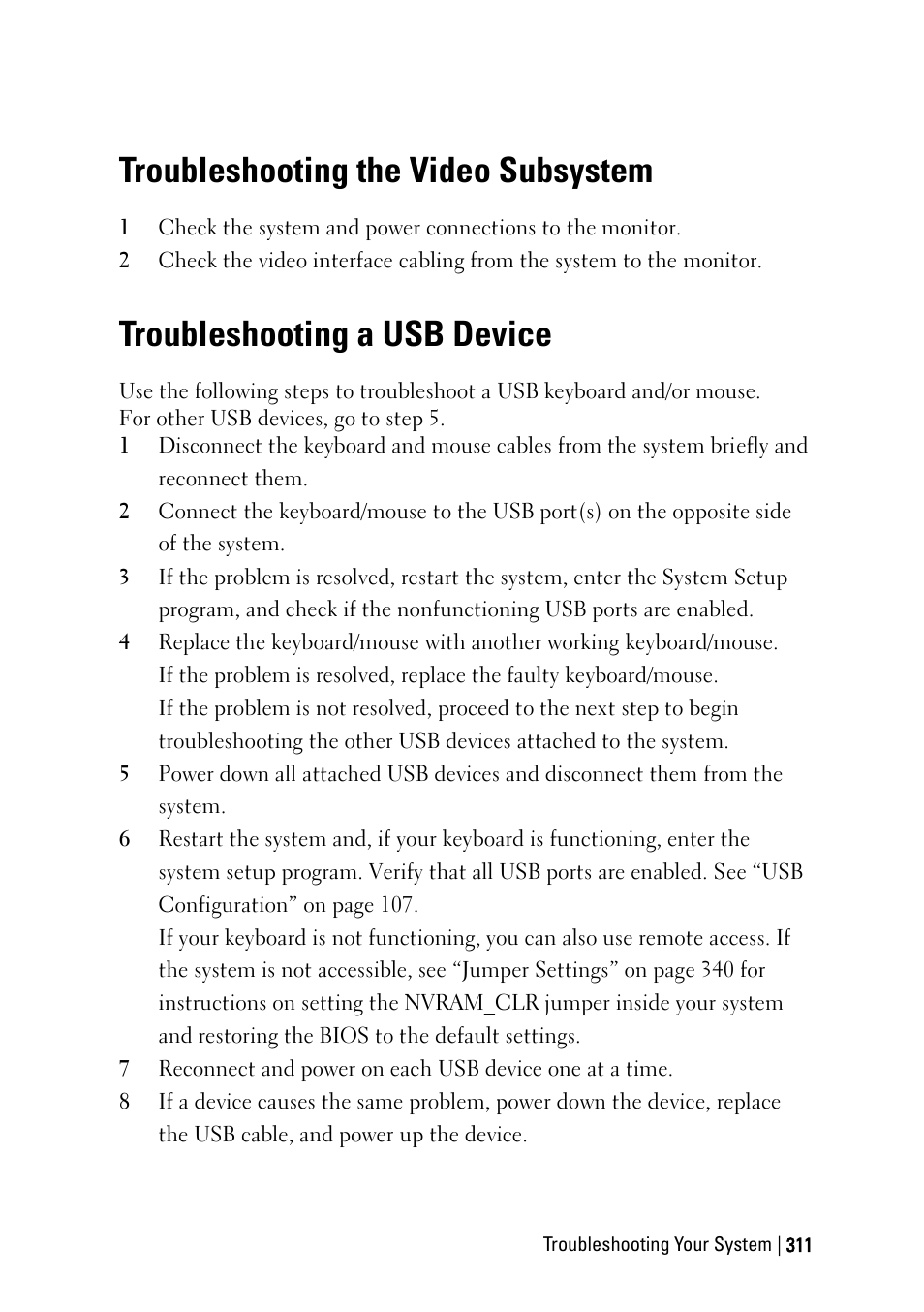 Troubleshooting the video subsystem, Troubleshooting a usb device | Dell PowerEdge C6220 II User Manual | Page 311 / 349
