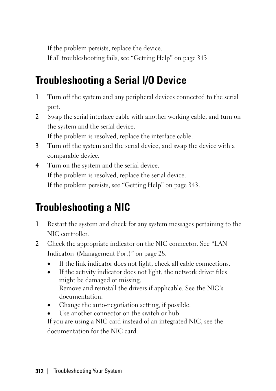 Troubleshooting a serial i/o device, Troubleshooting a nic | Dell PowerEdge C6220 II User Manual | Page 312 / 349