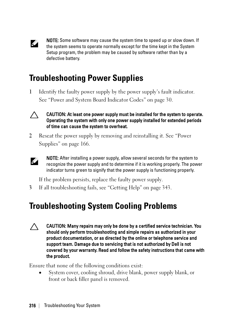 Troubleshooting power supplies, Troubleshooting system cooling problems | Dell PowerEdge C6220 II User Manual | Page 316 / 349