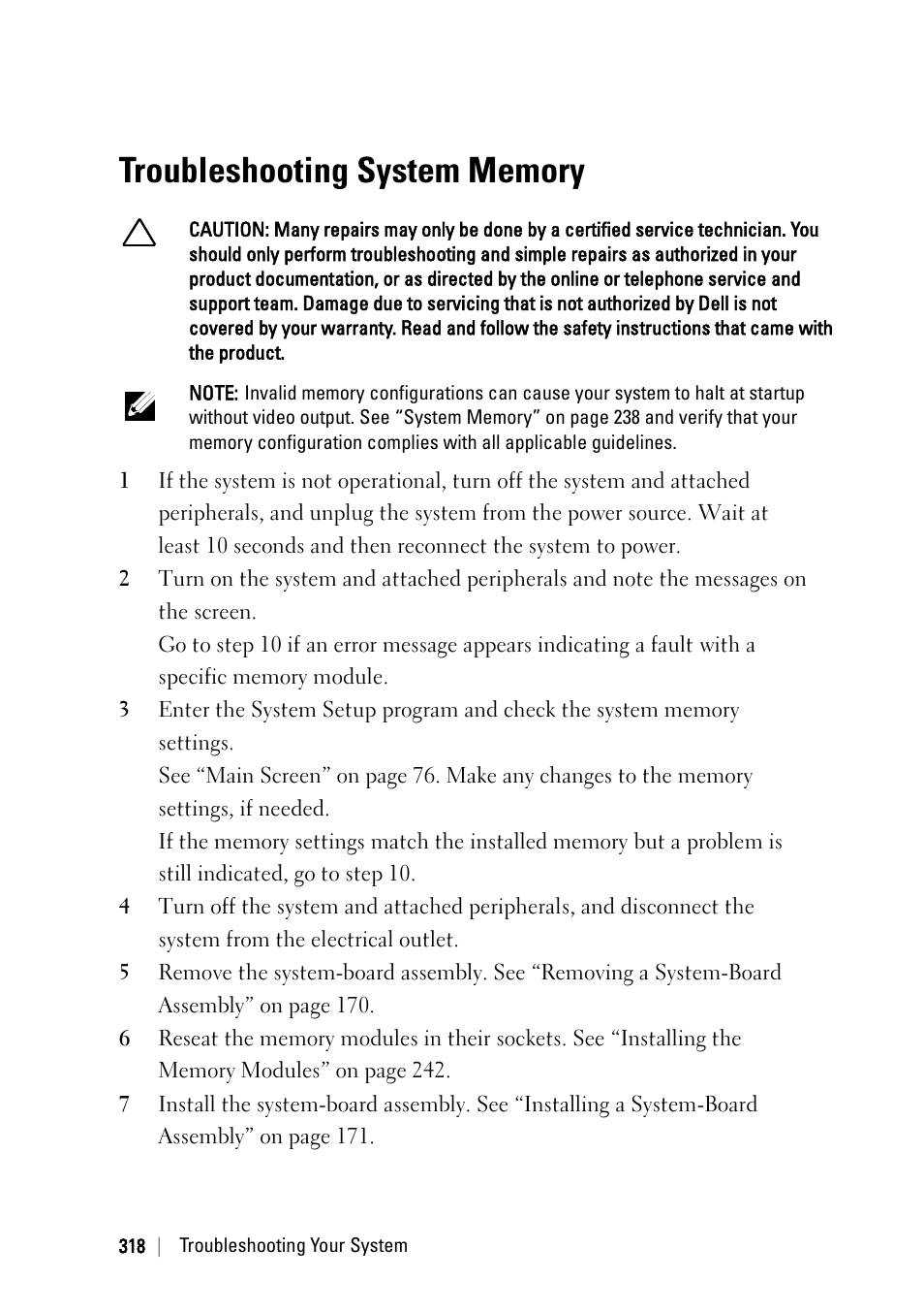 Troubleshooting system memory | Dell PowerEdge C6220 II User Manual | Page 318 / 349
